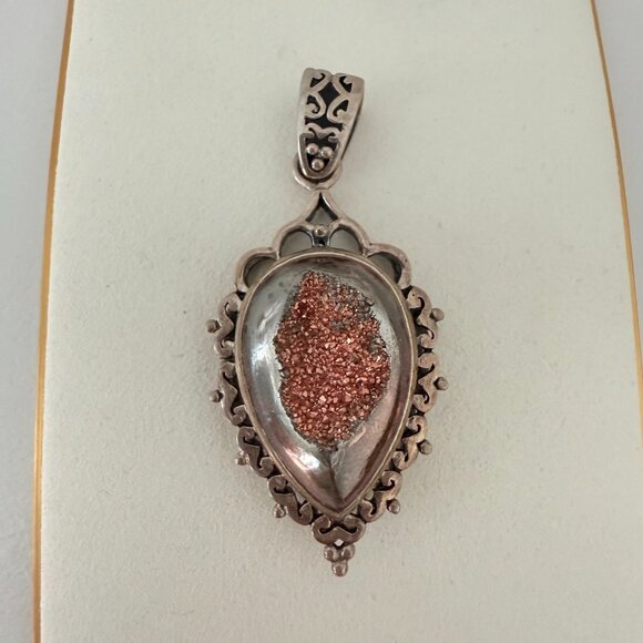 ✨ Vintage Sterling Silver Teardrop Copper/Rose Colored Druzy Pendant ✨ - Picture 8 of 10